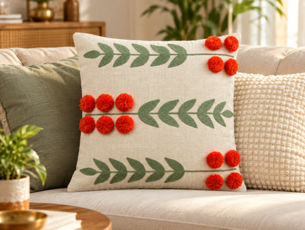 Embroidered Pom-Pom Cushion in a Cosy Living Room Embroidered Pom-Pom Cushion in a Cosy Living Room