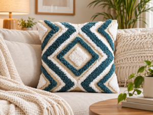 Teal Diamond Tufted Cushion in a Cosy Living Room Teal Diamond Tufted Cushion in a Cosy Living Room